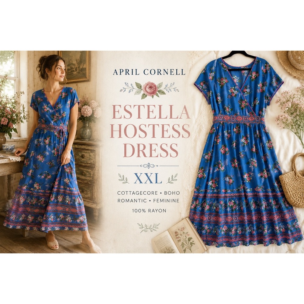 April Cornell Estella Hostess Dress XXL Blue Floral Prairie Cottagecore Boho